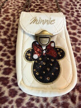 Disney Minnie Mouse White Crossbody Phone Purse - Gold Chain Strap & Glitter Bow